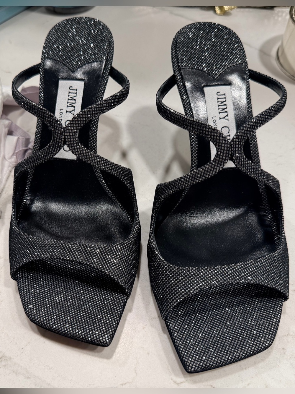 Jimmy Choo Black Sparkle Crisscross High Heel Sandals